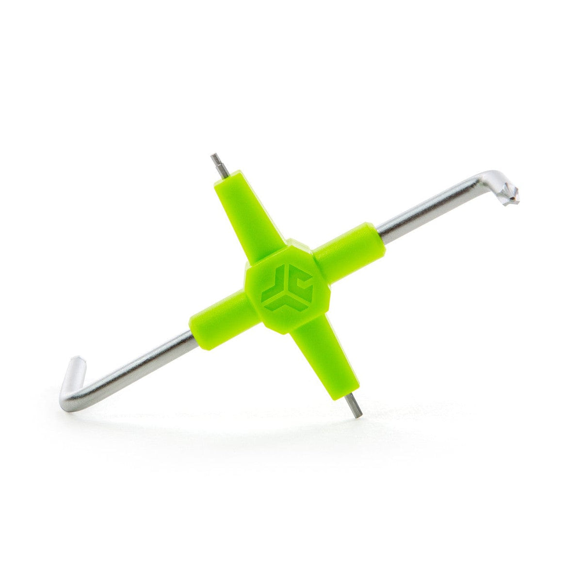 GrooveTech GTFG1 four-way multi-tool out of the pack, green hub with steel hex and Phillips arms
