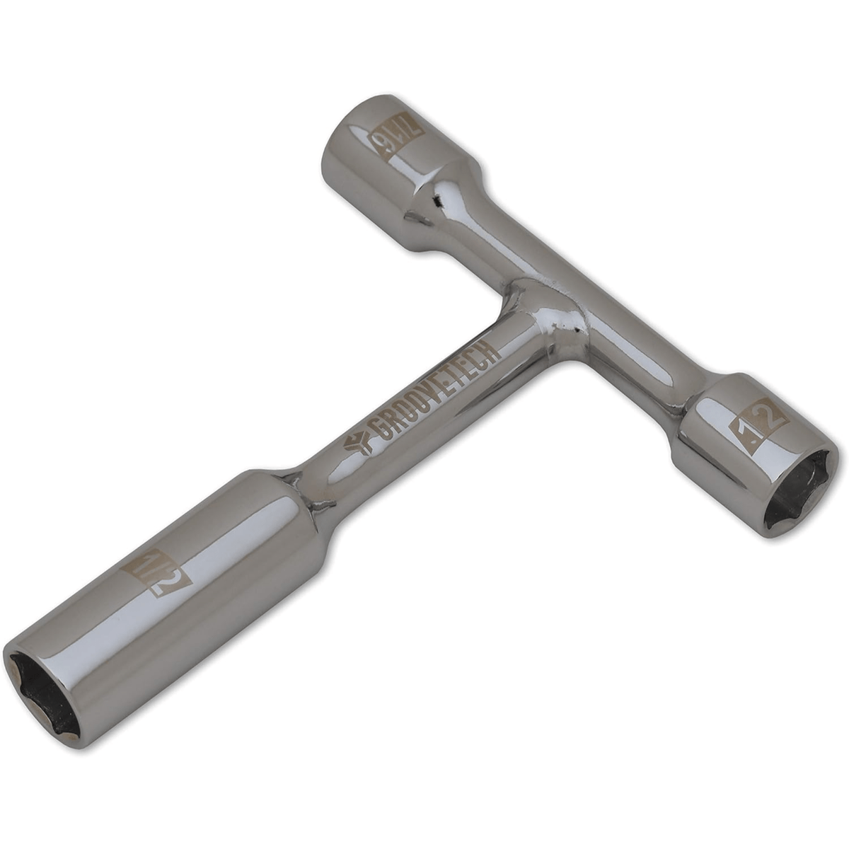 Chrome GrooveTech jack and pot wrench, side view with the long 1/2in socket and GrooveTech branding on the handle