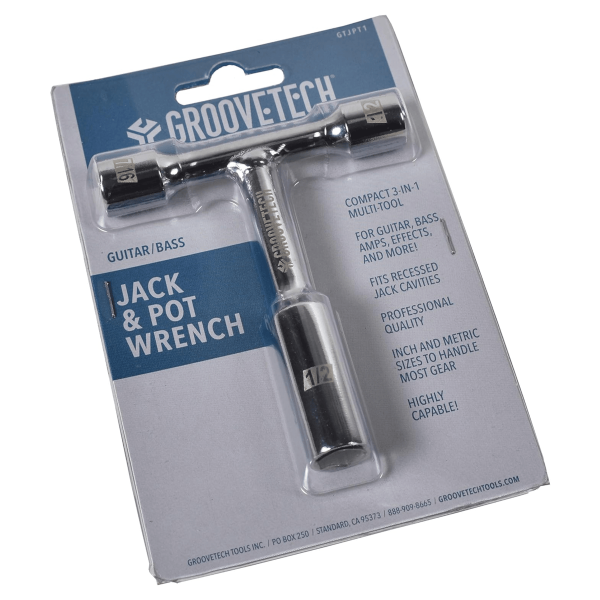 GrooveTech Jack & Pot Wrench GTJPT1 in its blister pack, listing guitar, bass, amp and effects use