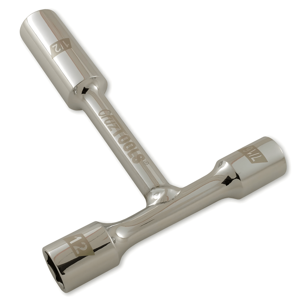 GrooveTech wrench from another angle, 12mm socket end in front and 1/2in deep socket at the top