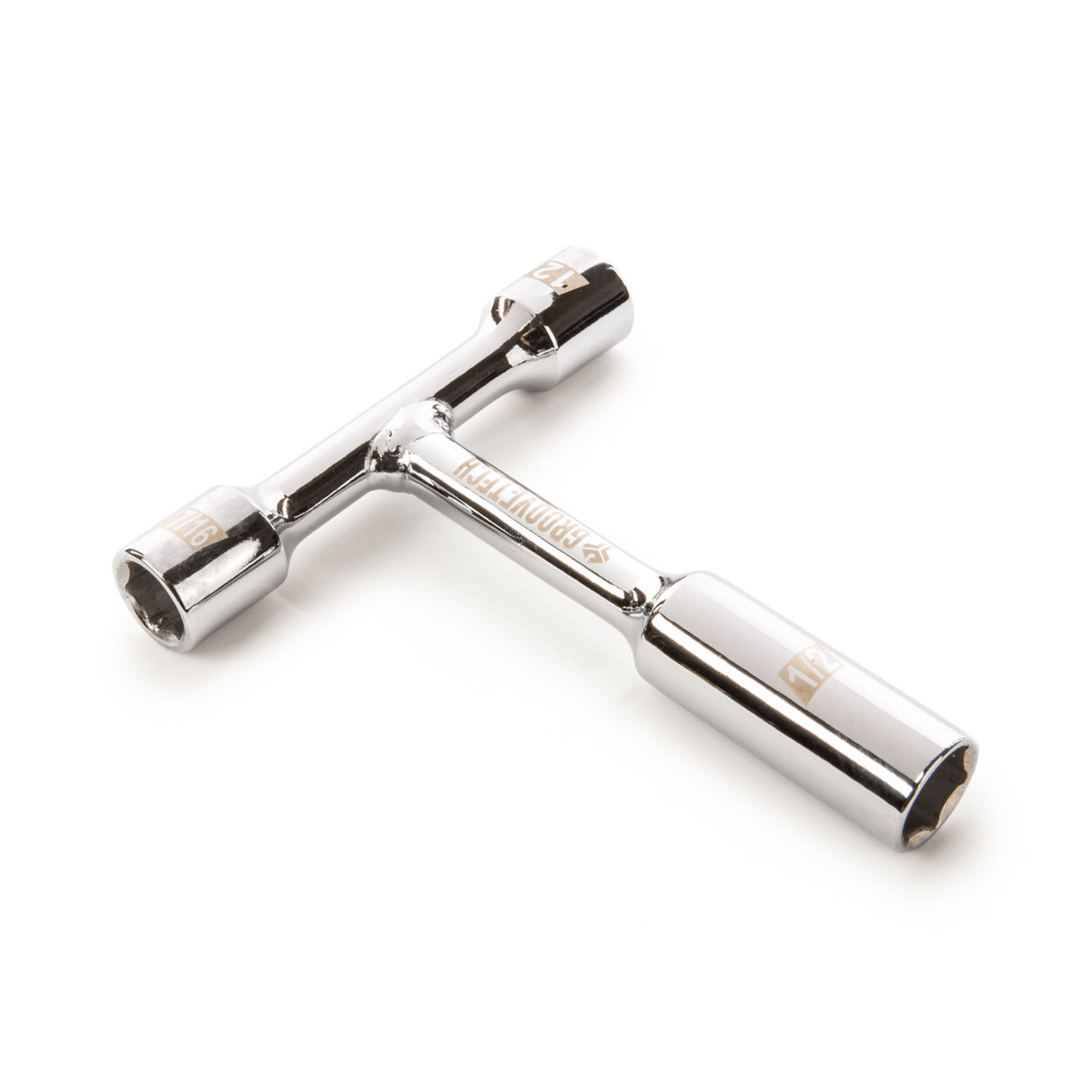 GrooveTech GTJPT1 chrome T-handle jack and pot wrench showing two socket ends and the long 1/2in socket