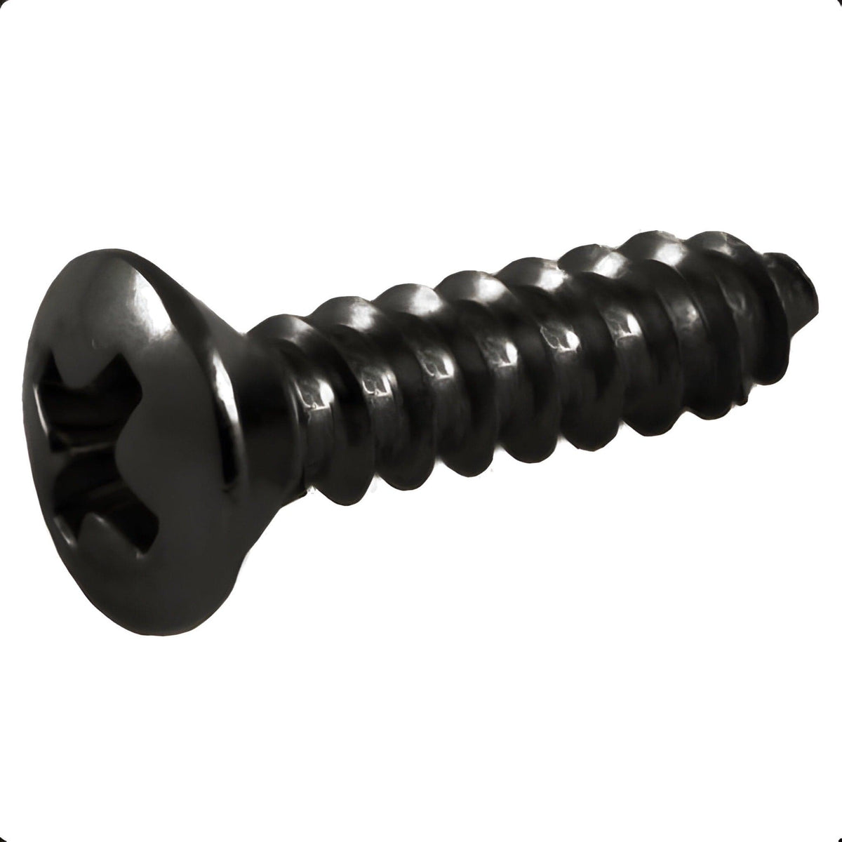 Close-up of a black pickguard screw showing the oval countersunk cross-head and self-tapping thread