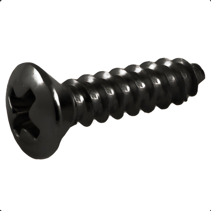Close-up of a black pickguard screw showing the oval countersunk cross-head and self-tapping thread