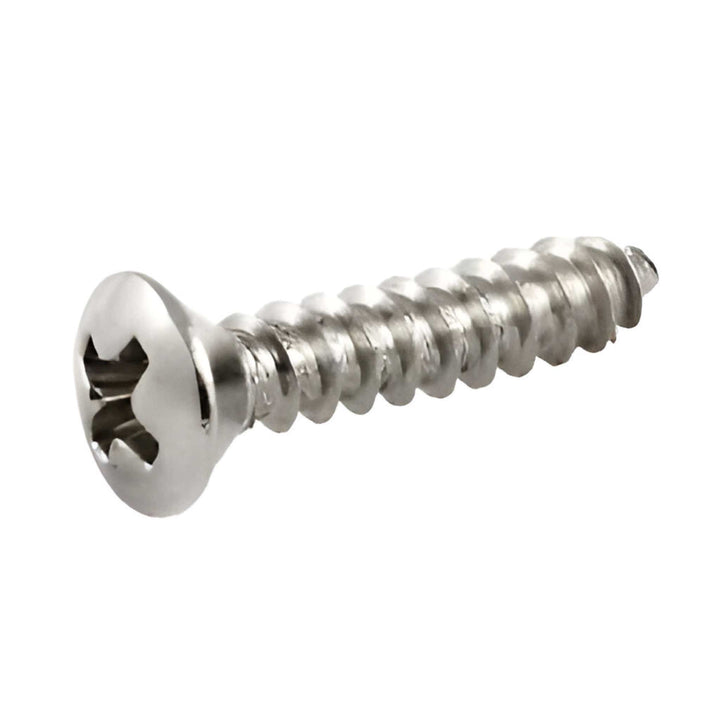 Single nickel pickguard screw close-up, showing the oval cross-head and coarse self-tapping thread