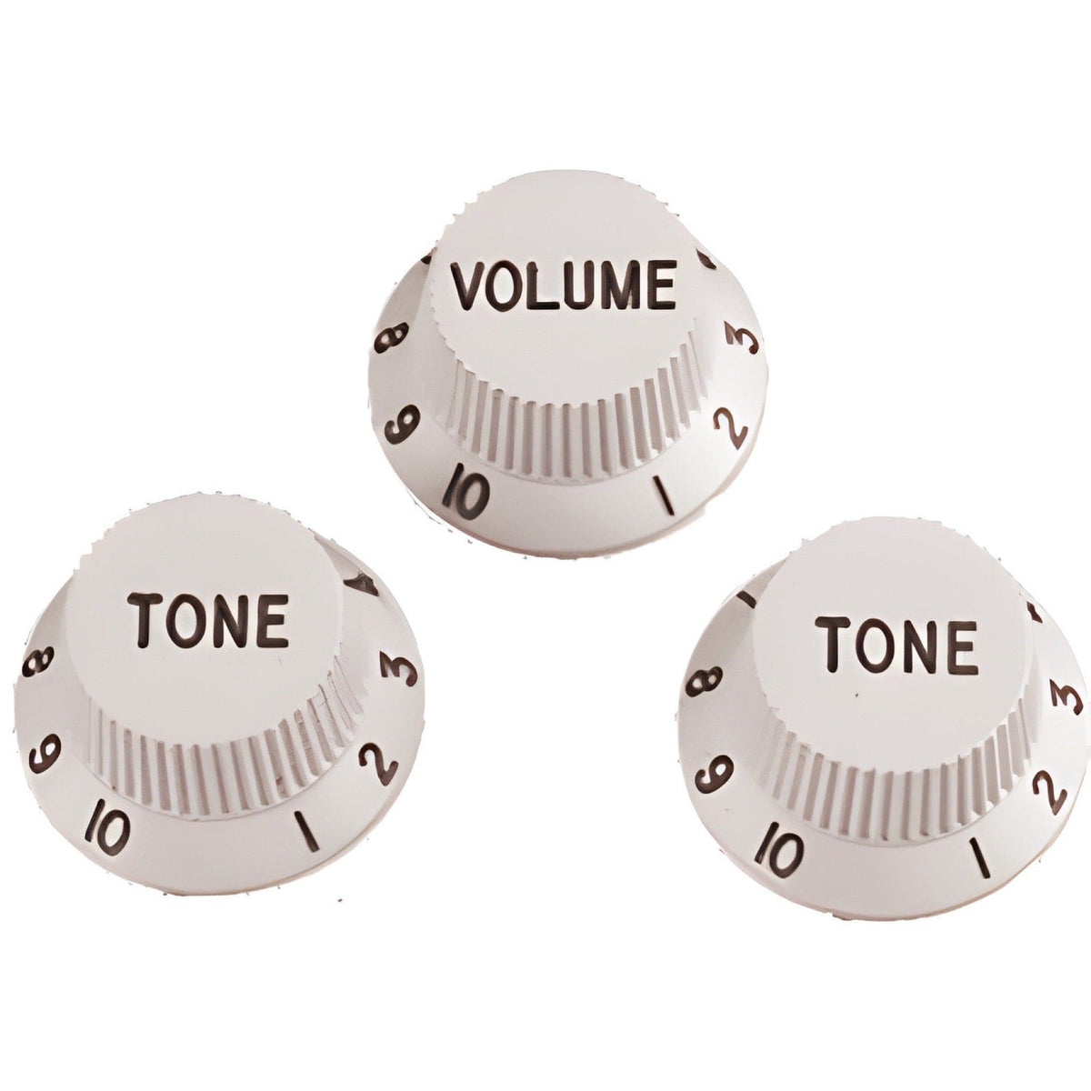 Three white Strat-style knobs, one marked Volume and two marked Tone, with numbered skirts