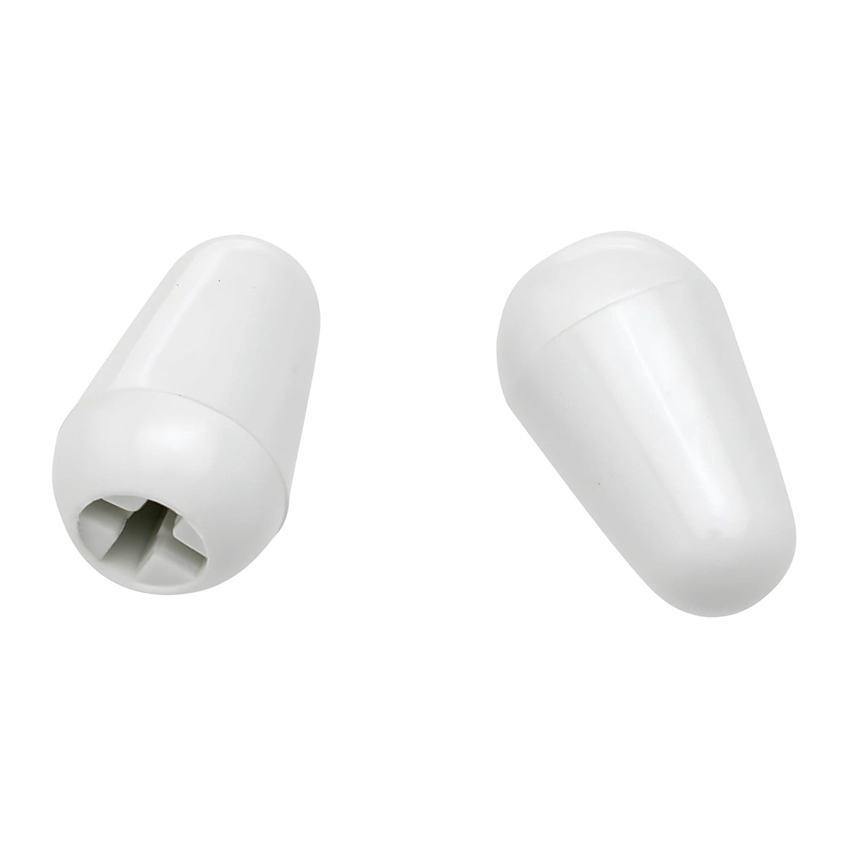 Two white Strat-style switch tips, one showing the slotted underside