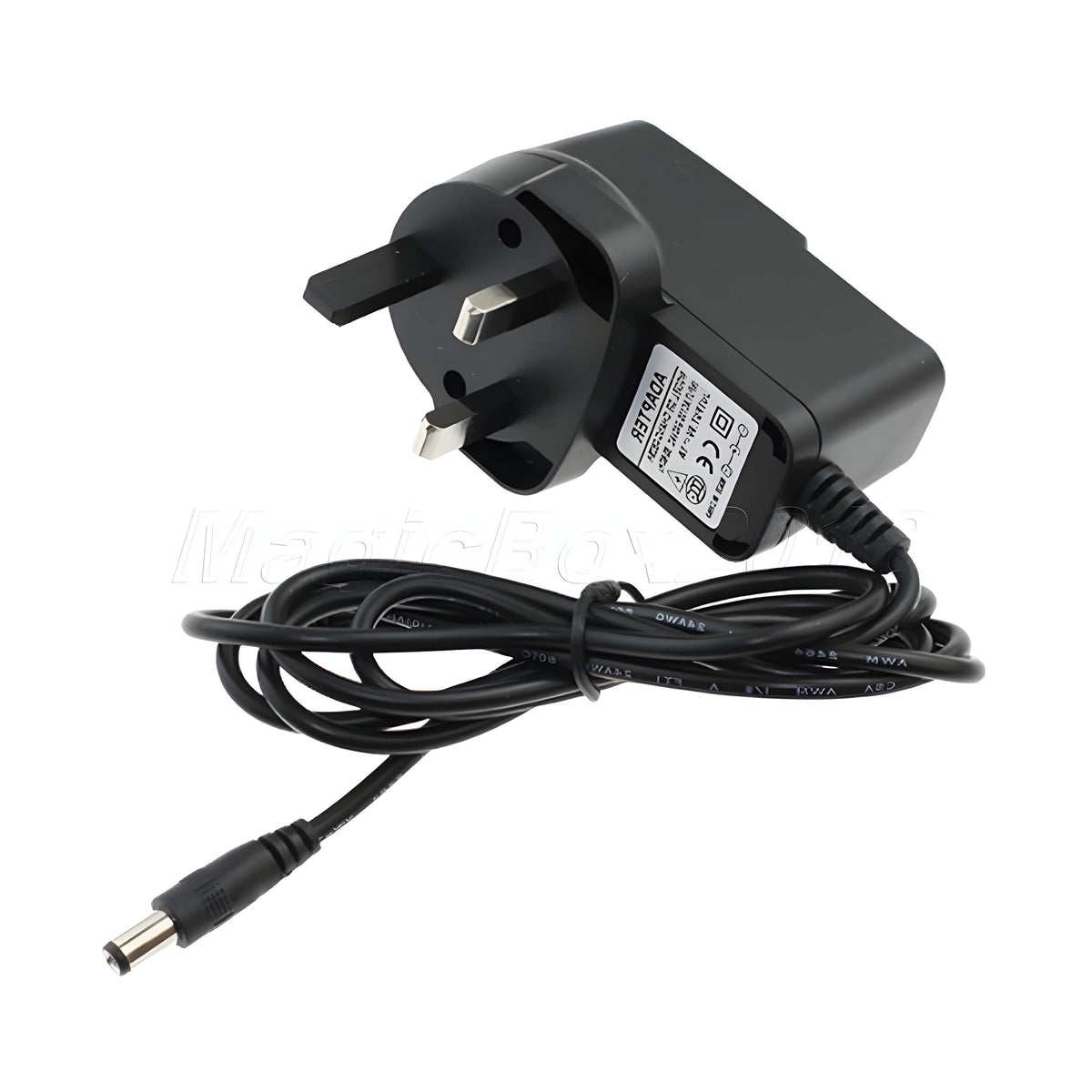 Guitar Man GMP02 9V DC pedal power supply: black UK plug-in adaptor with coiled lead and barrel plug