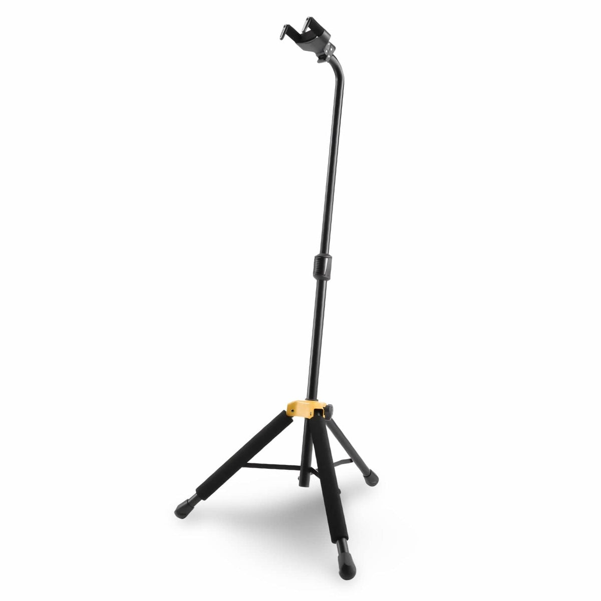 Hercules GS415B PLUS guitar stand in black, full view with tripod legs and Auto Grip yoke