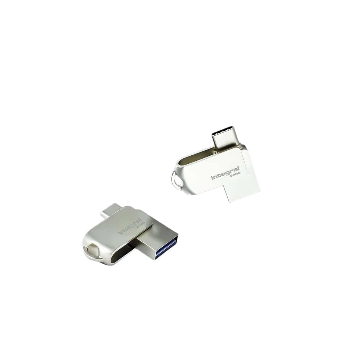 Two Integral 360-C Dual drives, one showing the USB-A plug and one the USB-C plug