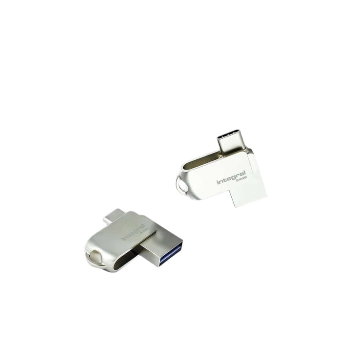 Two Integral 360-C Dual drives, one showing the USB-A plug and one the USB-C plug