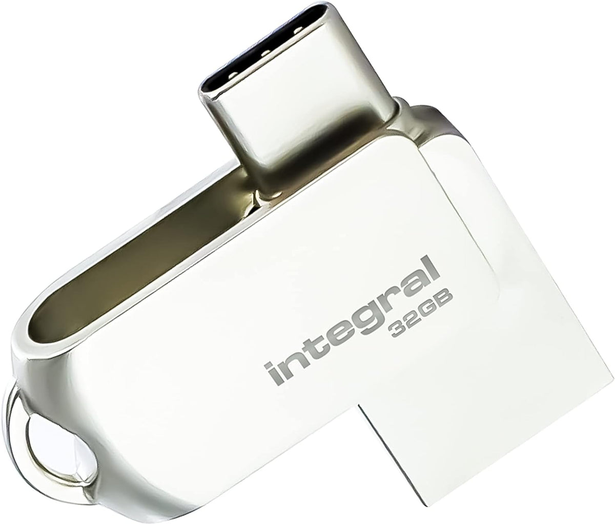 Integral 360-C Dual 32GB flash drive in silver metal, swivel open with the USB-C plug exposed