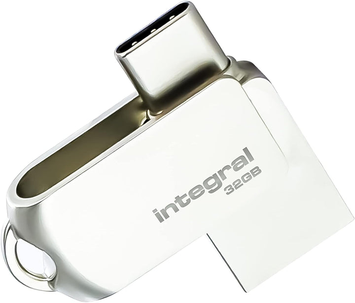 Integral 360-C Dual 32GB flash drive in silver metal, swivel open with the USB-C plug exposed