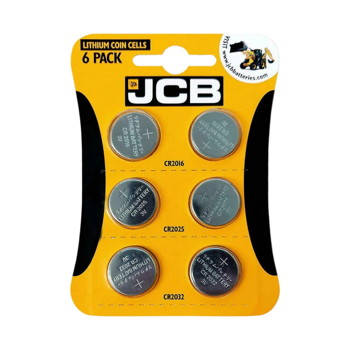 JCB Lithium Coin Cells 6 Pack on a yellow and black card, holding two each of CR2016, CR2025 and CR2032 cells