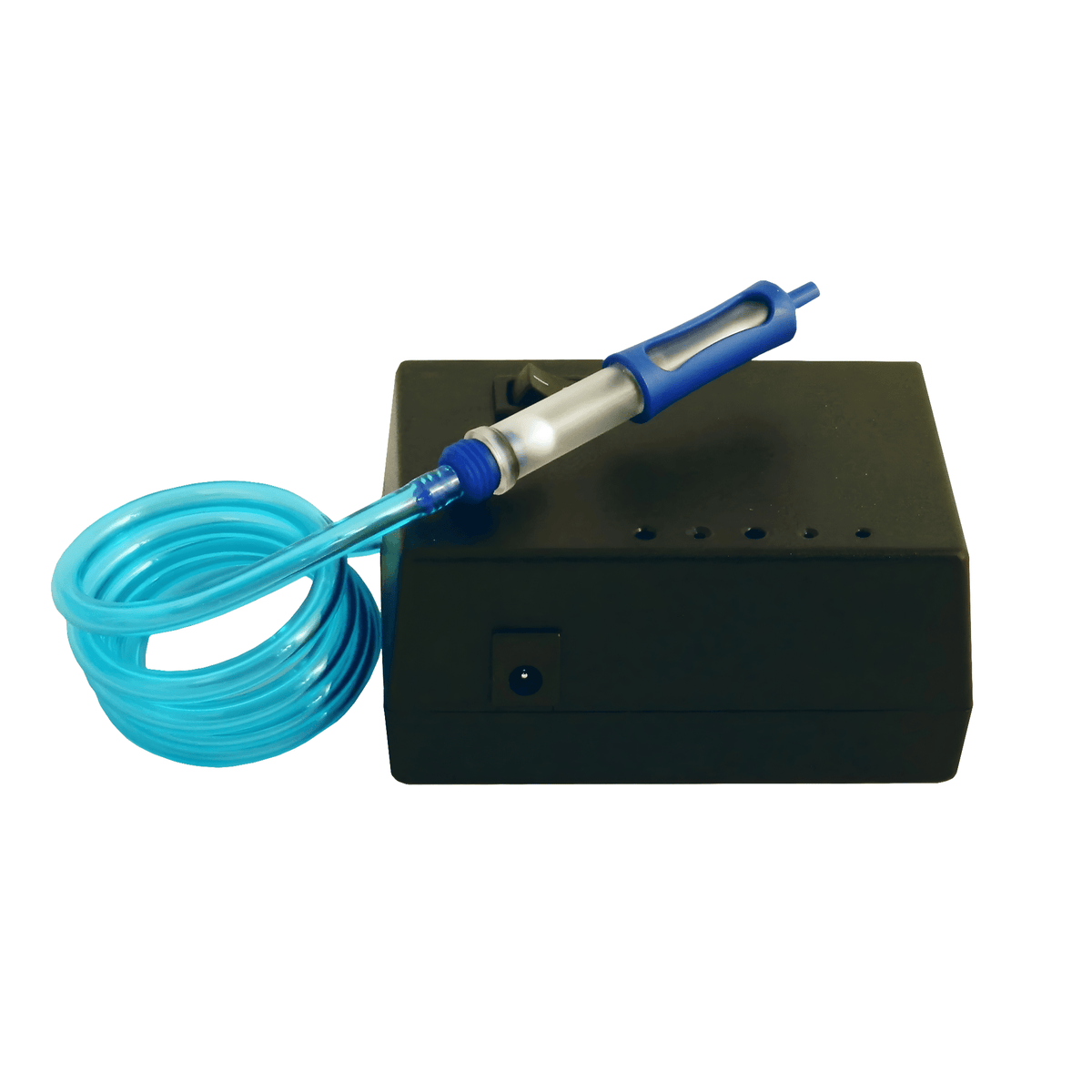 Jodi-Vac Consumer IEM vacuum: black bench unit with coiled blue tubing and handpiece with clear filter chamber