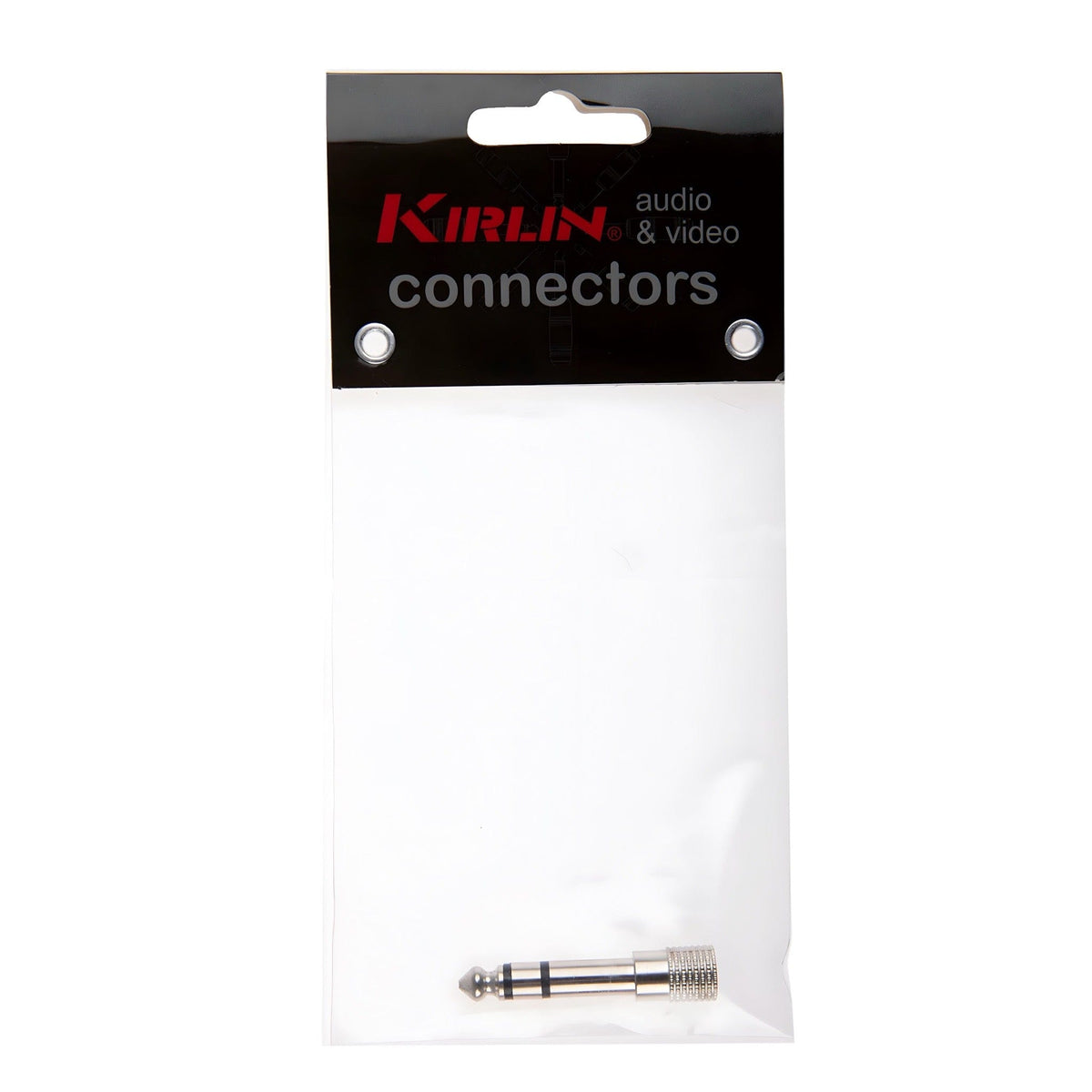 Kirlin headphone adaptor in its clear retail bag with a black Kirlin audio and video connectors header card