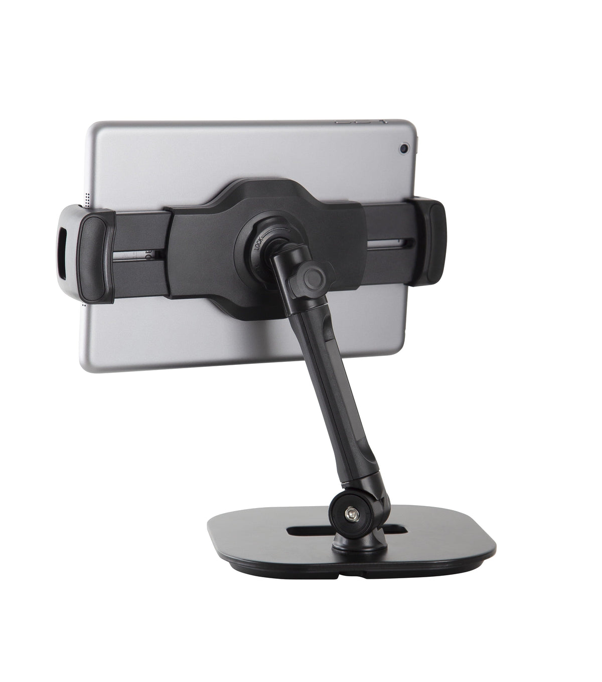 Rear view of the K&M 19800 stand holding a silver tablet, showing the bracket, arm and ball joint above the base