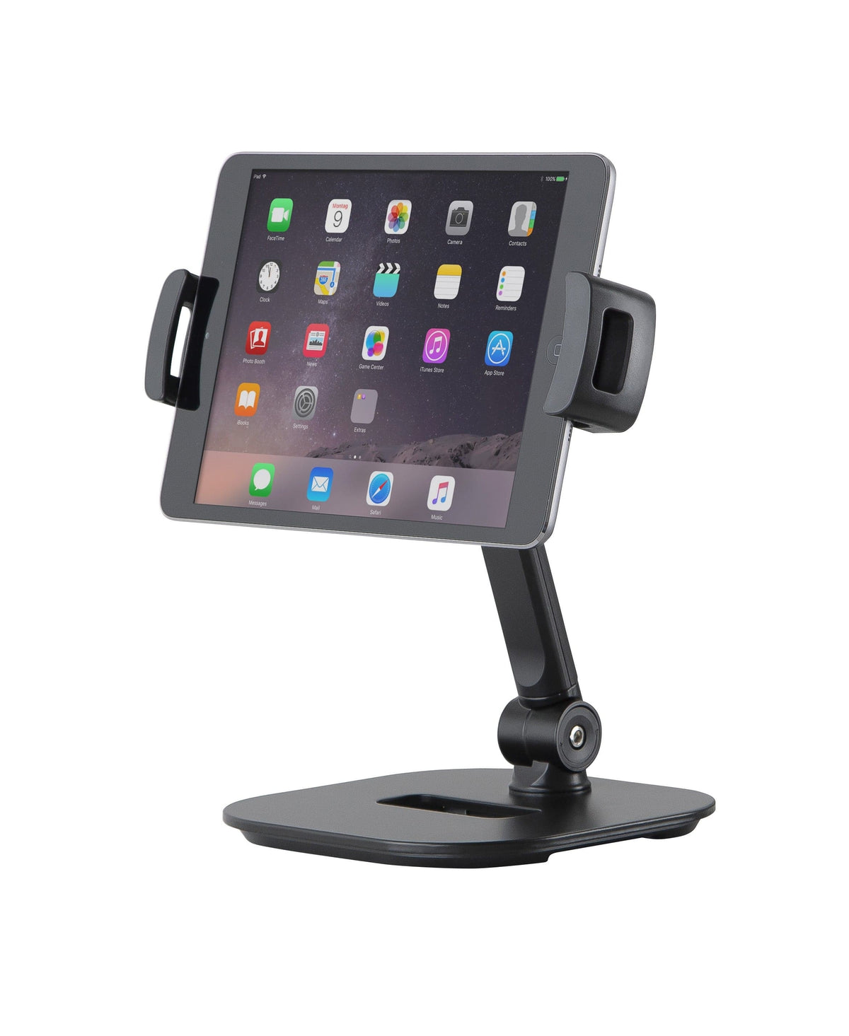 K&M 19800 table stand holding a tablet in landscape with its home screen showing, angled front view