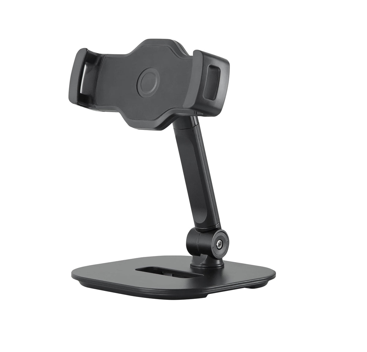 K&M 19800 table stand without a device, front view of the rubber-lined tablet brackets, arm and flat black base