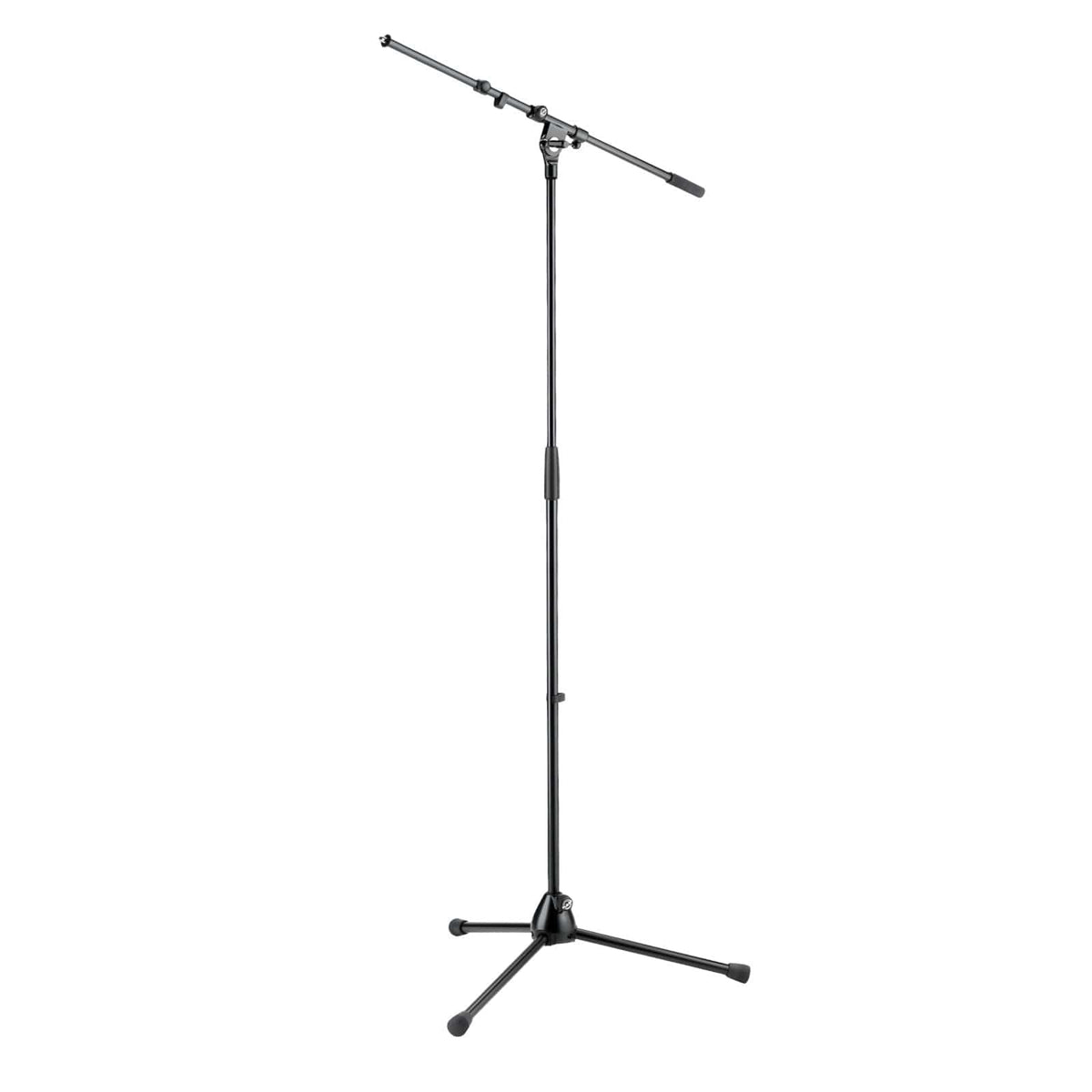 K&M 210/9 black tripod mic stand with telescoping boom arm, assembled with legs spread, front three-quarter view