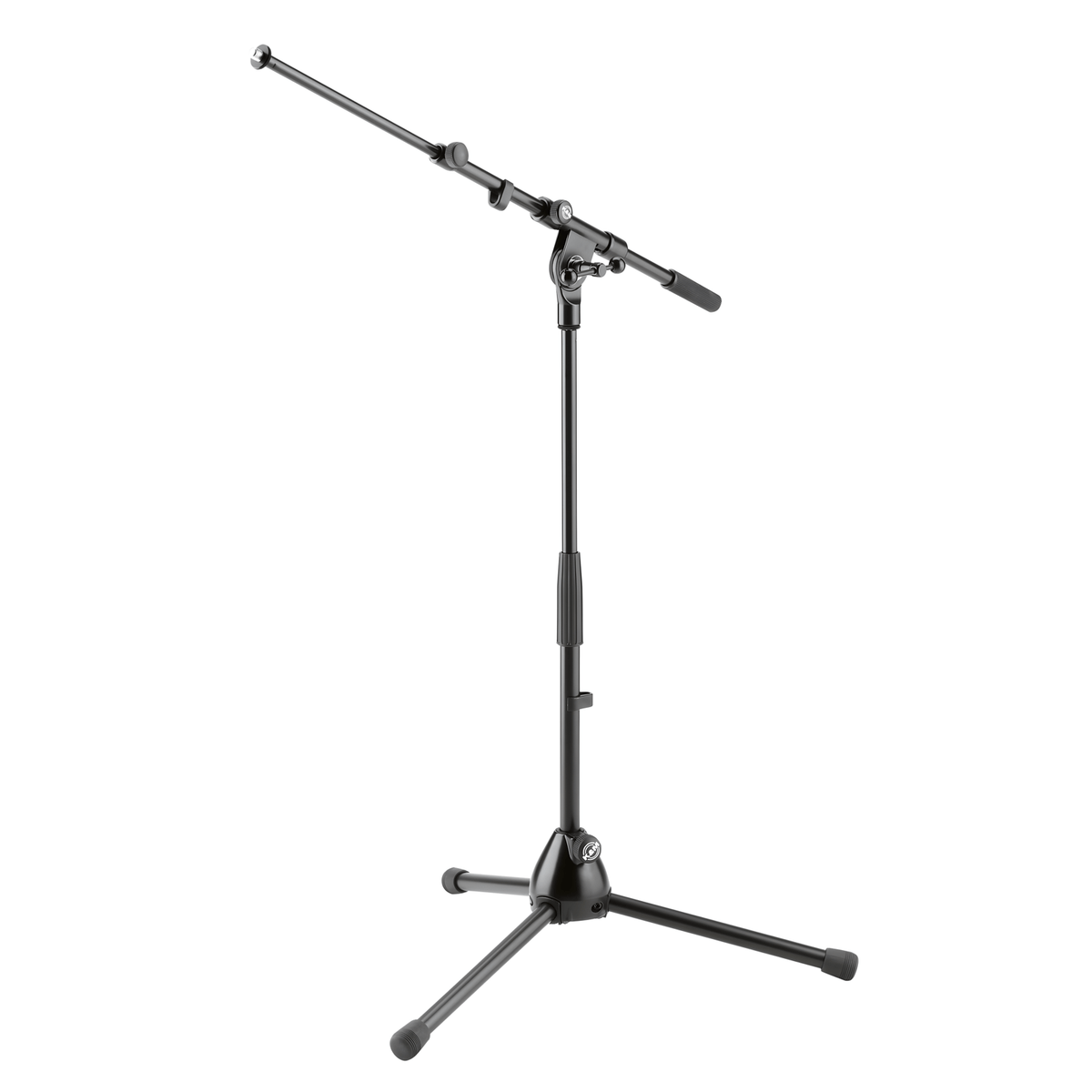 K&M 259 short black mic stand with two-piece telescopic boom, folding tripod legs and die-cast base