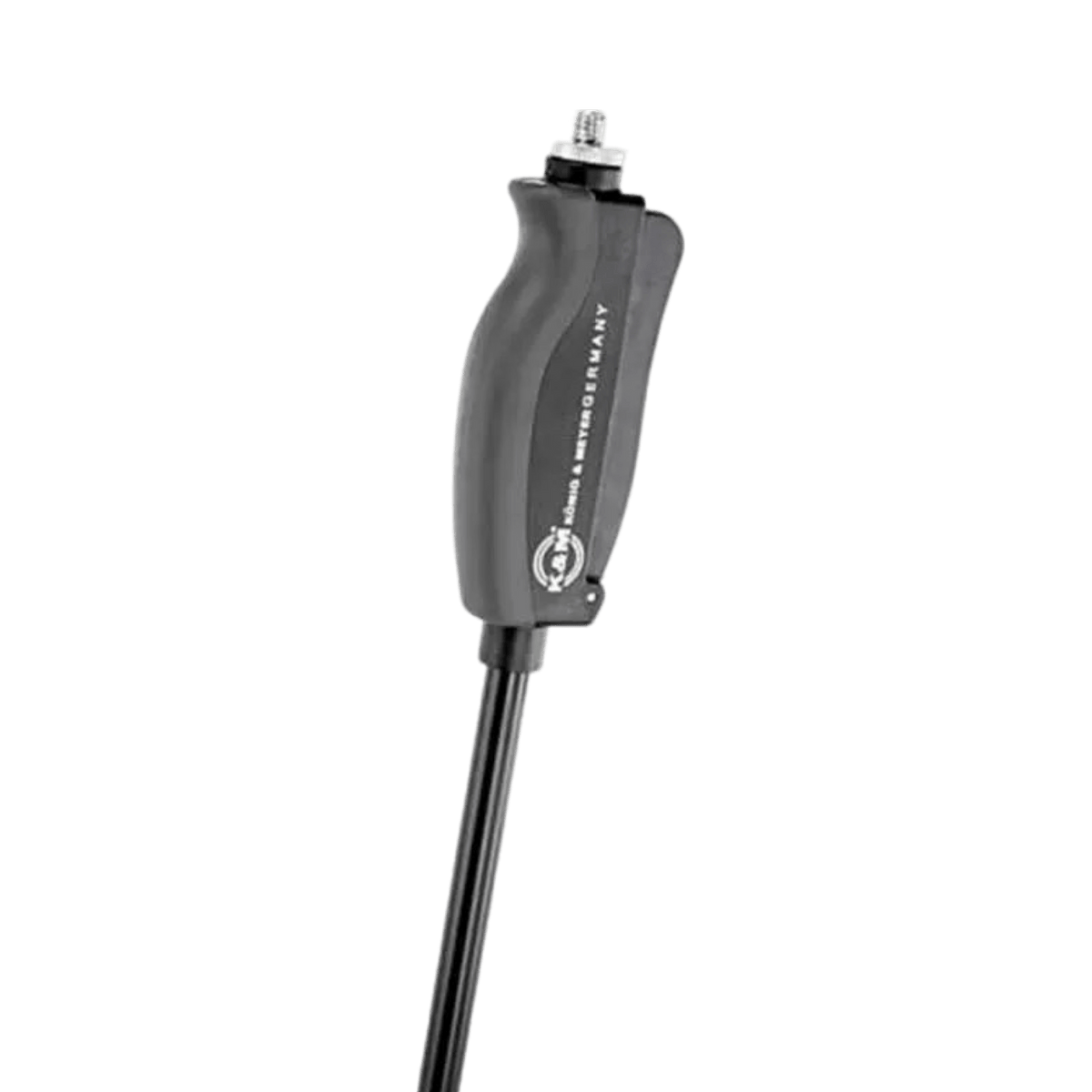 Close-up of the K&M 26085 Soft-Touch one-hand clutch grip with König & Meyer logo and the mic thread on top