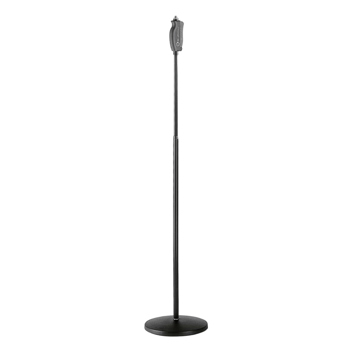 K&M 26085 black straight mic stand with round cast-iron base and grey Soft-Touch clutch grip, full length