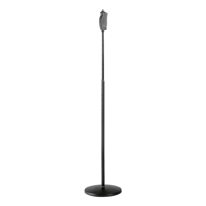 K&M 26085 black straight mic stand with round cast-iron base and grey Soft-Touch clutch grip, full length