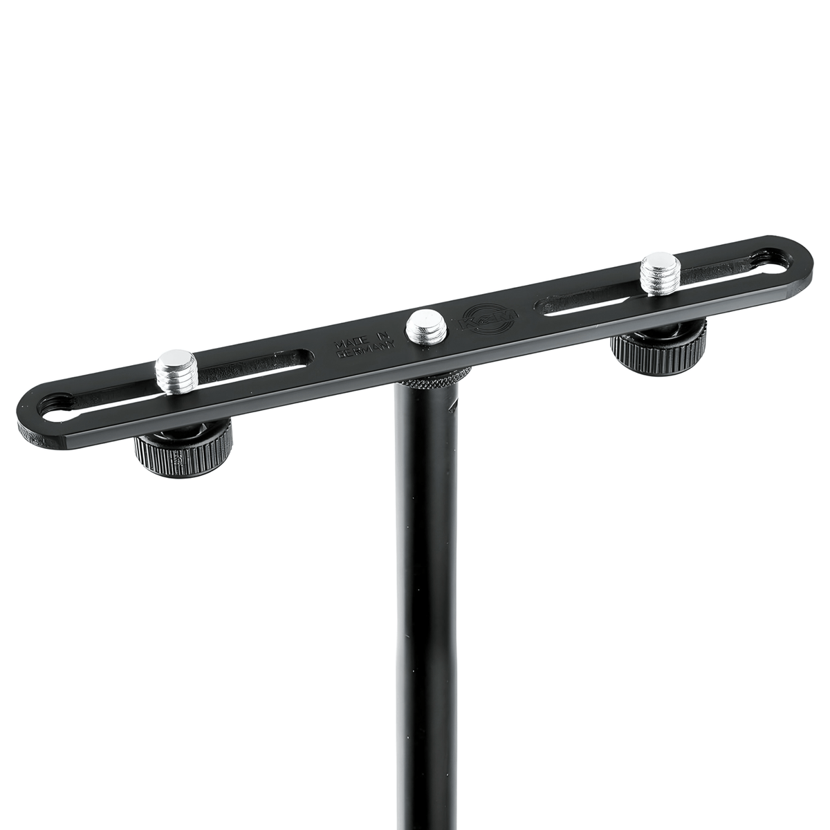 K&M 23550 stereo bar mounted on top of a black mic stand, two mic studs set wide apart