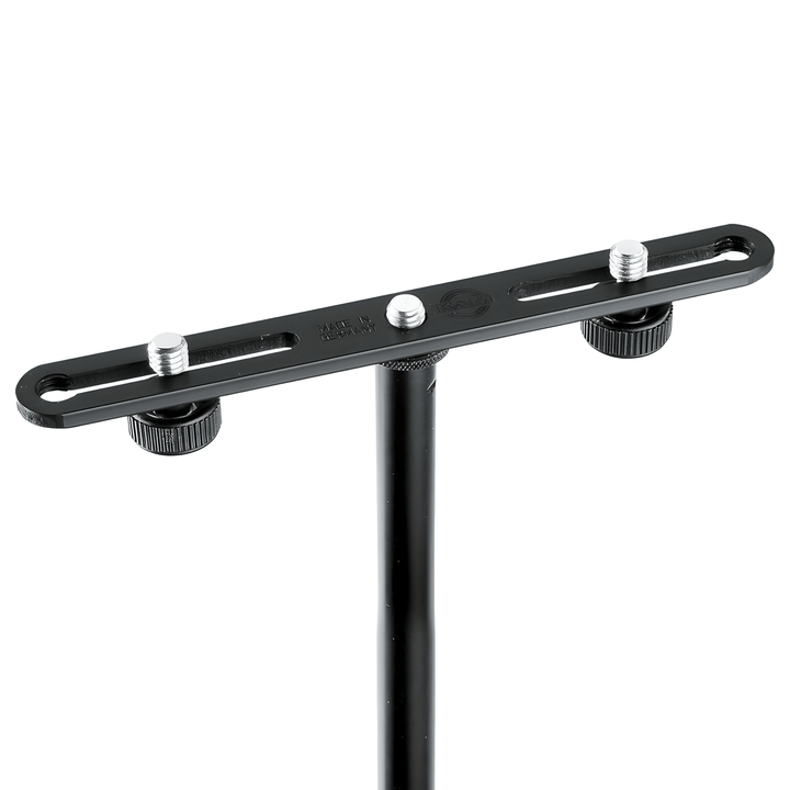 K&M 23550 stereo bar mounted on top of a black mic stand, two mic studs set wide apart