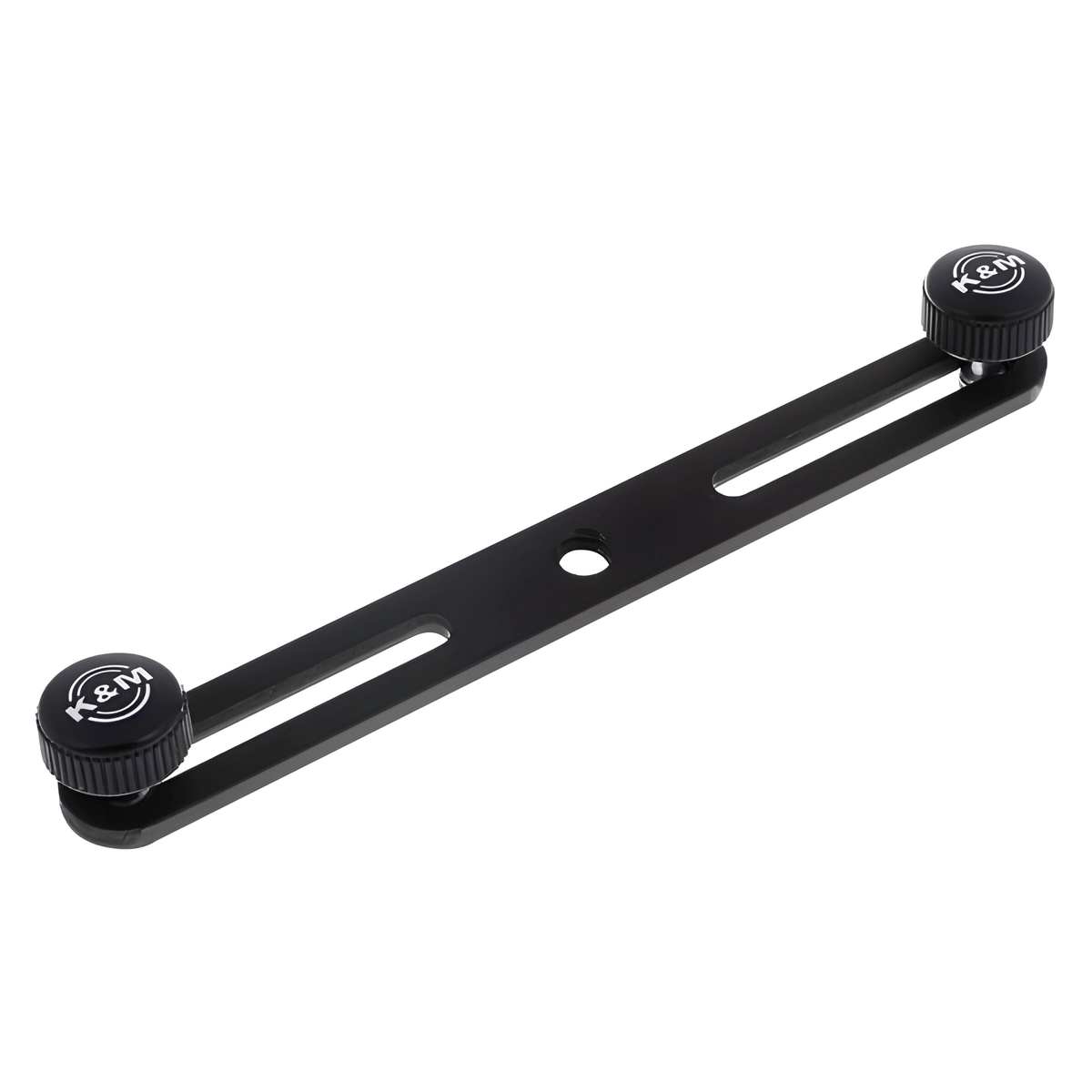 Black K&M 23550 stereo bar with two slotted rails and K&M-branded knurled thumb screws at each end