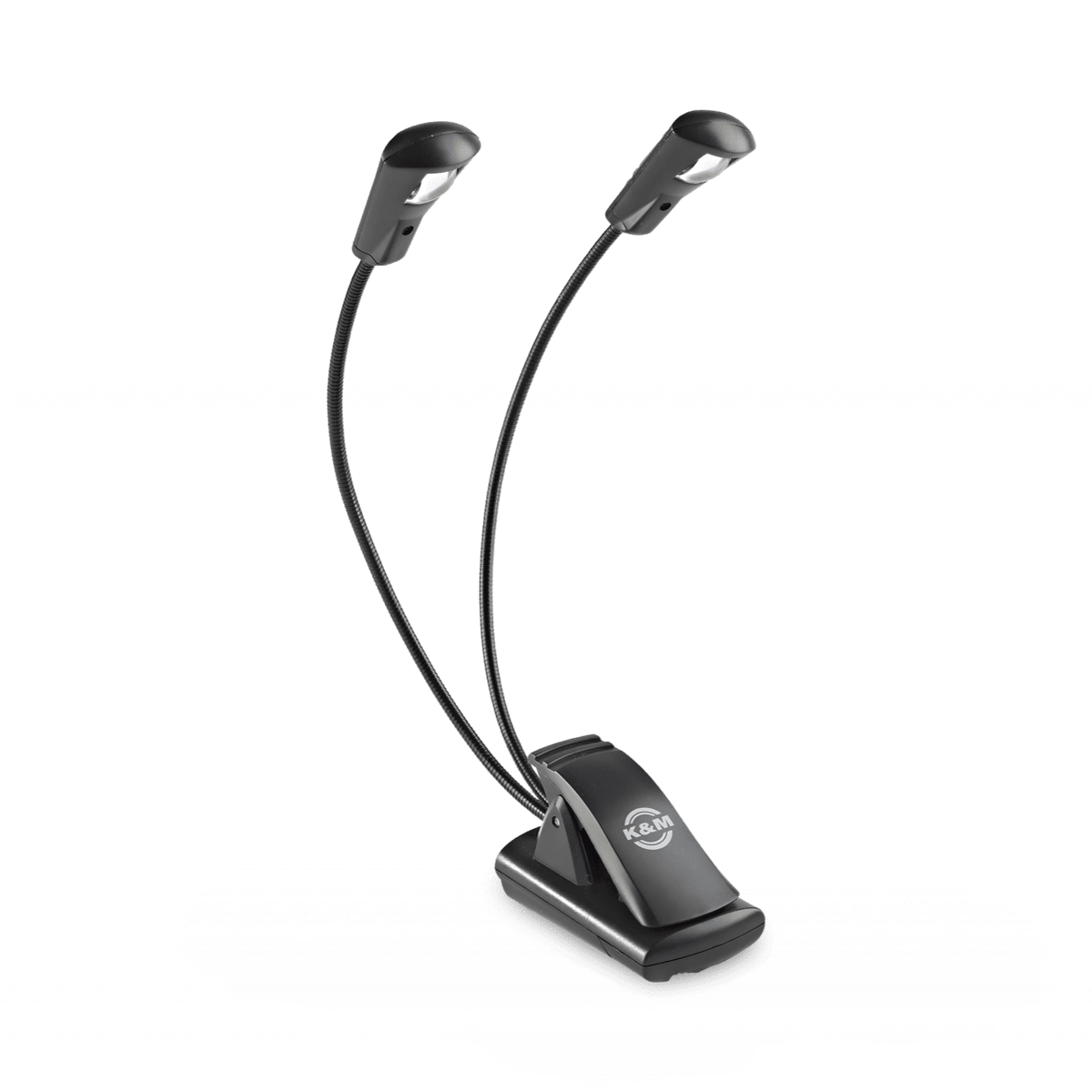 K&M 12243 Double LED FlexLight in black with two gooseneck LED heads raised on its clip base