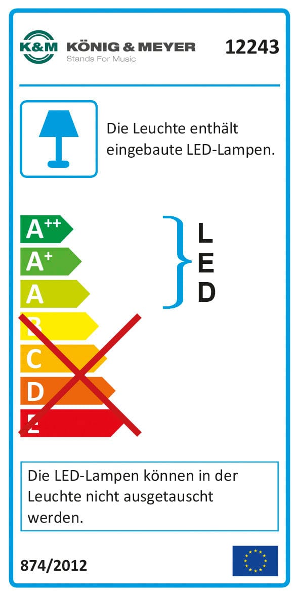 EU energy label for K&M 12243 showing class A++ to A with built-in, non-replaceable LEDs