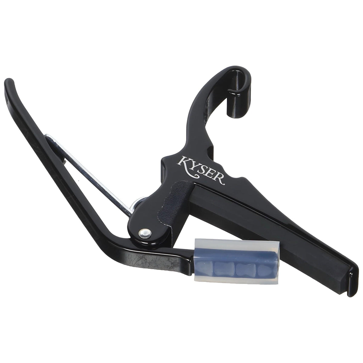 Kyser Quick-Change KG6B acoustic capo in black, side view showing the trigger handles and rubber pad