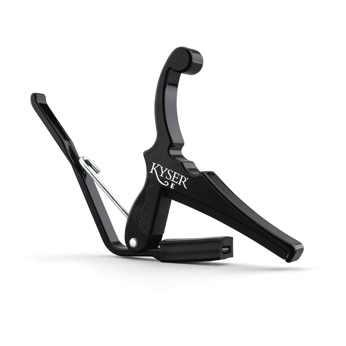 Kyser Quick-Change electric guitar capo in black, side view with the E mark under the Kyser logo