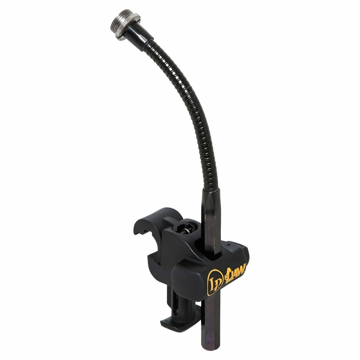 LP Claw LP591A in black: spring-loaded rim jaw with gold LP Claw logo and flexible gooseneck ending in a threaded mic mount