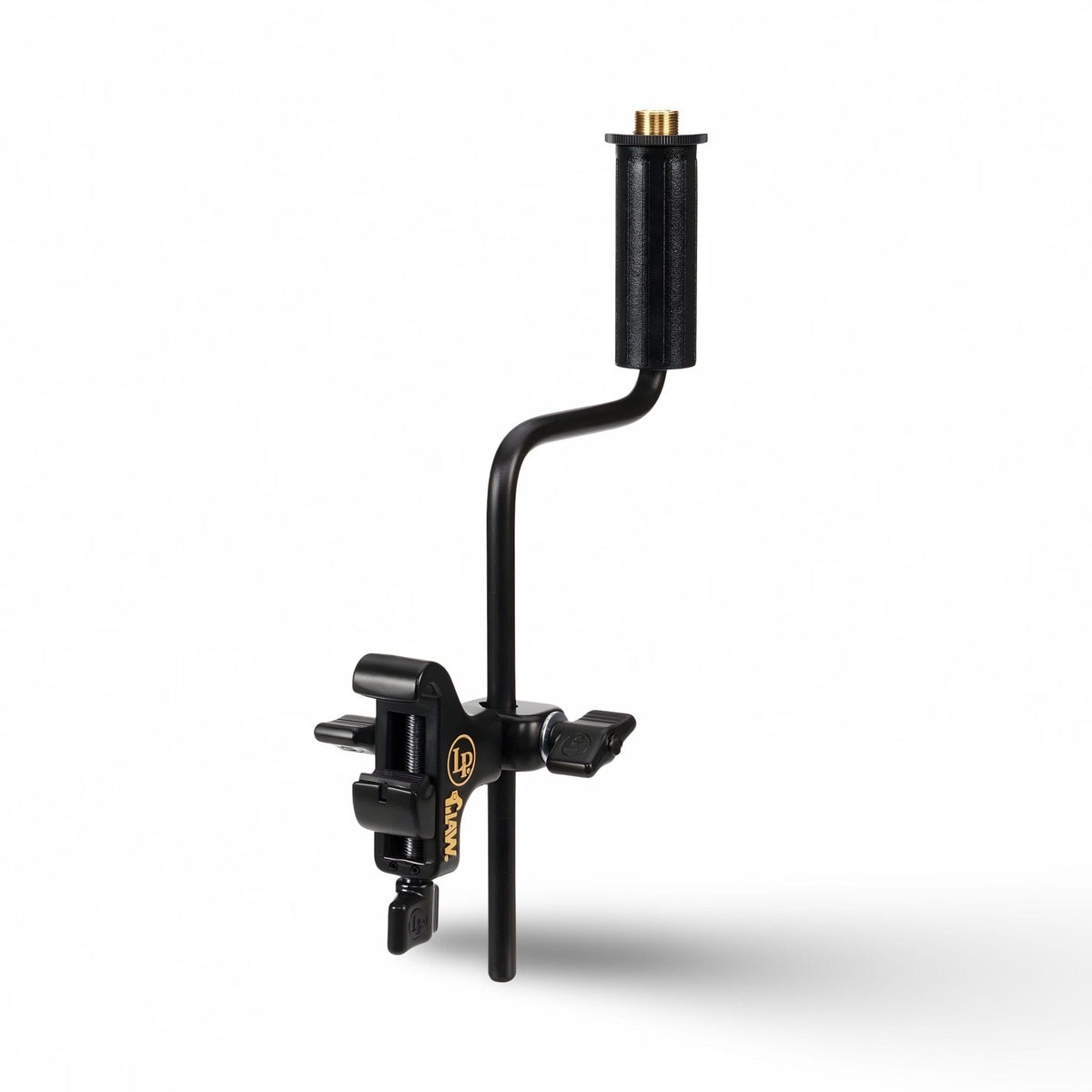 LP Claw LP592A-X in black with Z-shaped rod, brass-threaded mic mount on top and spring-loaded rim jaw with thumbscrews