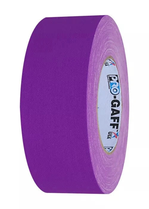 Purple Pro-Gaff 48mm gaffer tape roll standing on its edge, Pro-Gaff USA core visible