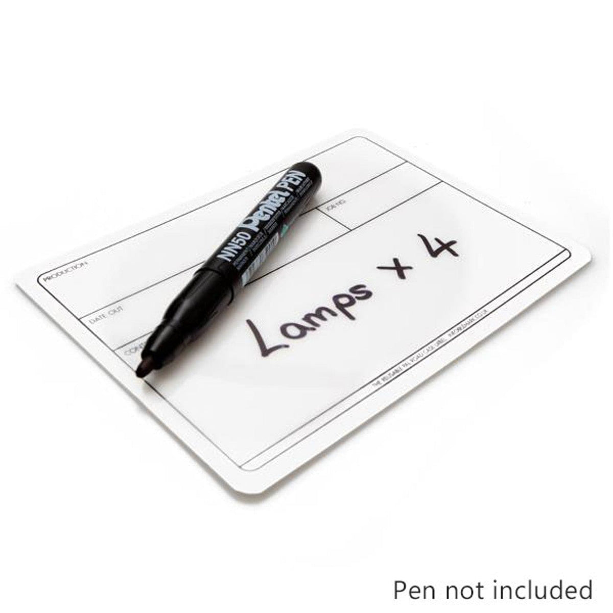 PAL flight case label written 'Lamps x 4' in marker, with the pen resting on it; pen not included