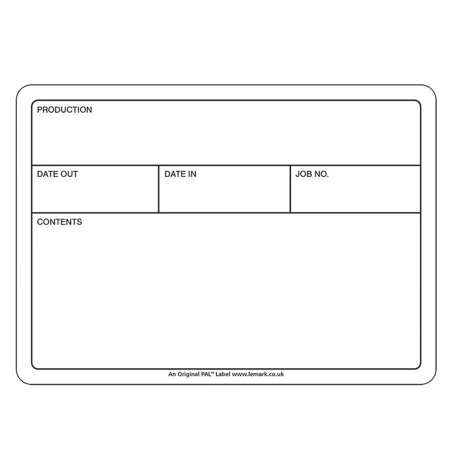 Blank PAL flight case label, 178 x 127mm, with Production, Date Out, Date In, Job No. and Contents boxes