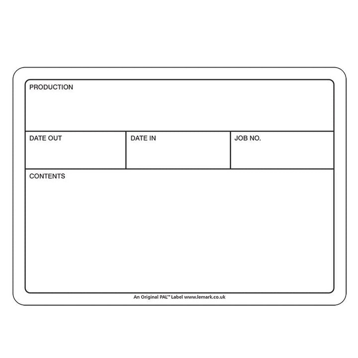 Blank PAL flight case label, 178 x 127mm, with Production, Date Out, Date In, Job No. and Contents boxes
