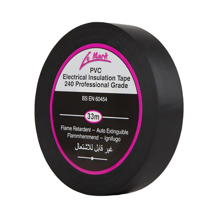 Black LeMark LX tape, 19mm x 33m PVC electrical insulation tape roll with 240 Professional Grade core label