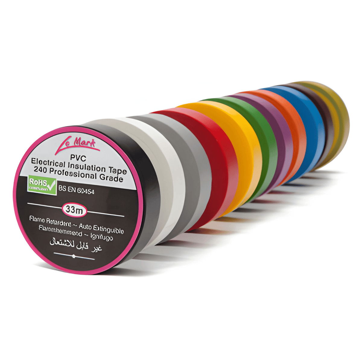Row of LeMark LX tape rolls across the colour range, black 33m roll in front with BS EN 60454 and RoHS label