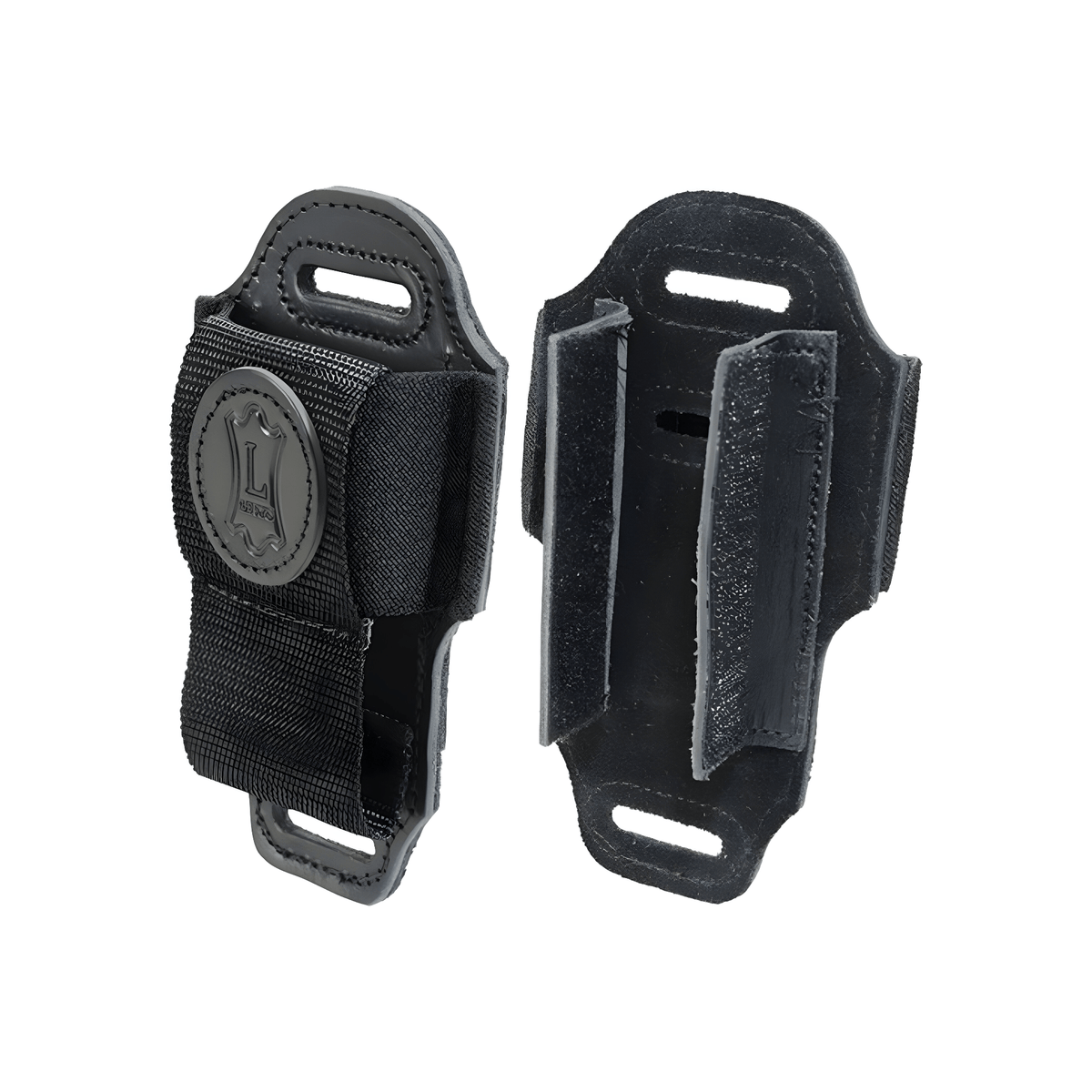 Levy's MM4 black leather transmitter holder: front with Levy's logo on the band, and inside with hook-and-loop flaps