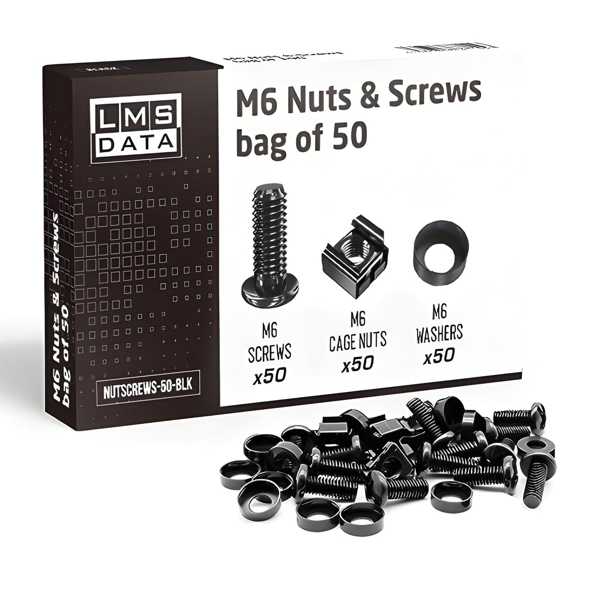 LMS Data M6 nuts and screws box of 50, with black screws, cage nuts and washers loose in front