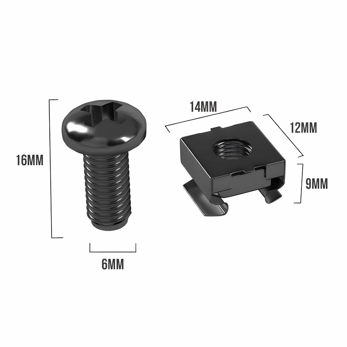 Dimension drawing: black M6 rack screw 16mm long and 6mm wide, cage nut 14 x 12 x 9mm