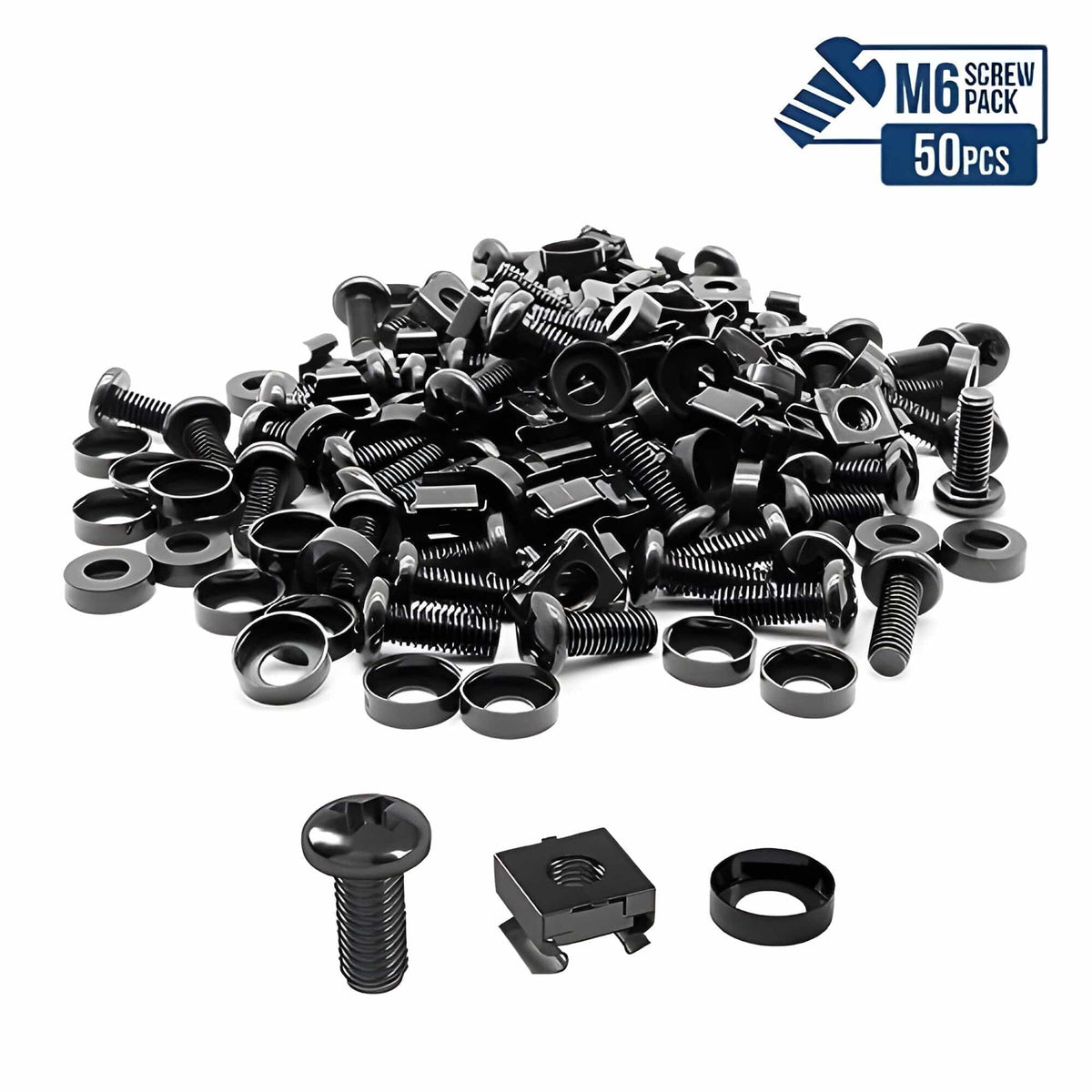 Pile of black M6 rack screws, cage nuts and washers with one set laid out in front and a 50pcs badge