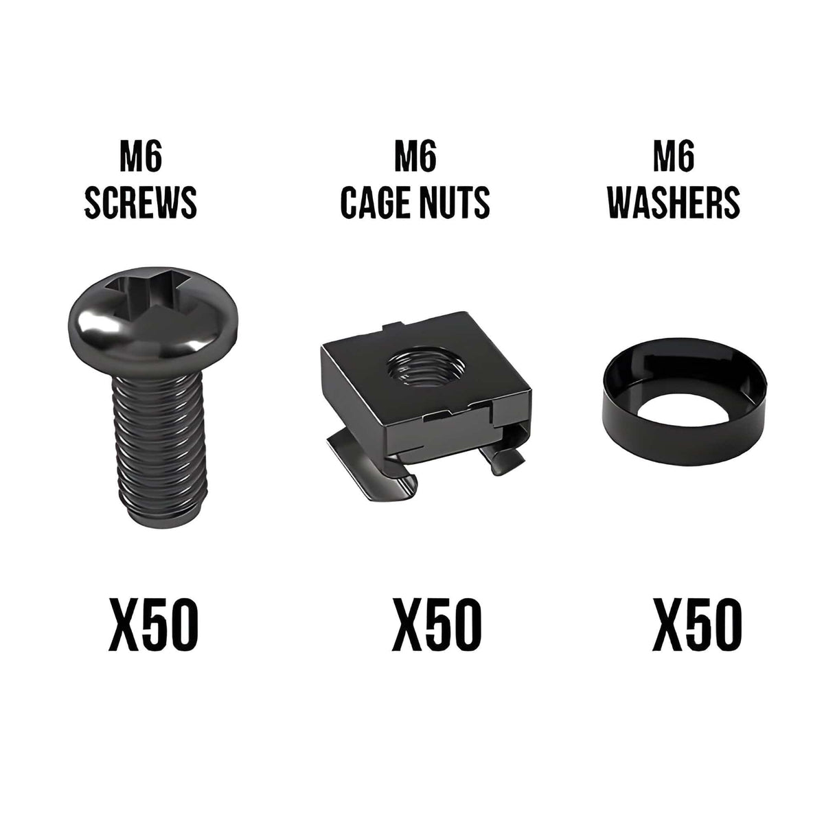 Single black M6 rack screw, cage nut and nylon cup washer side by side, each labelled x50