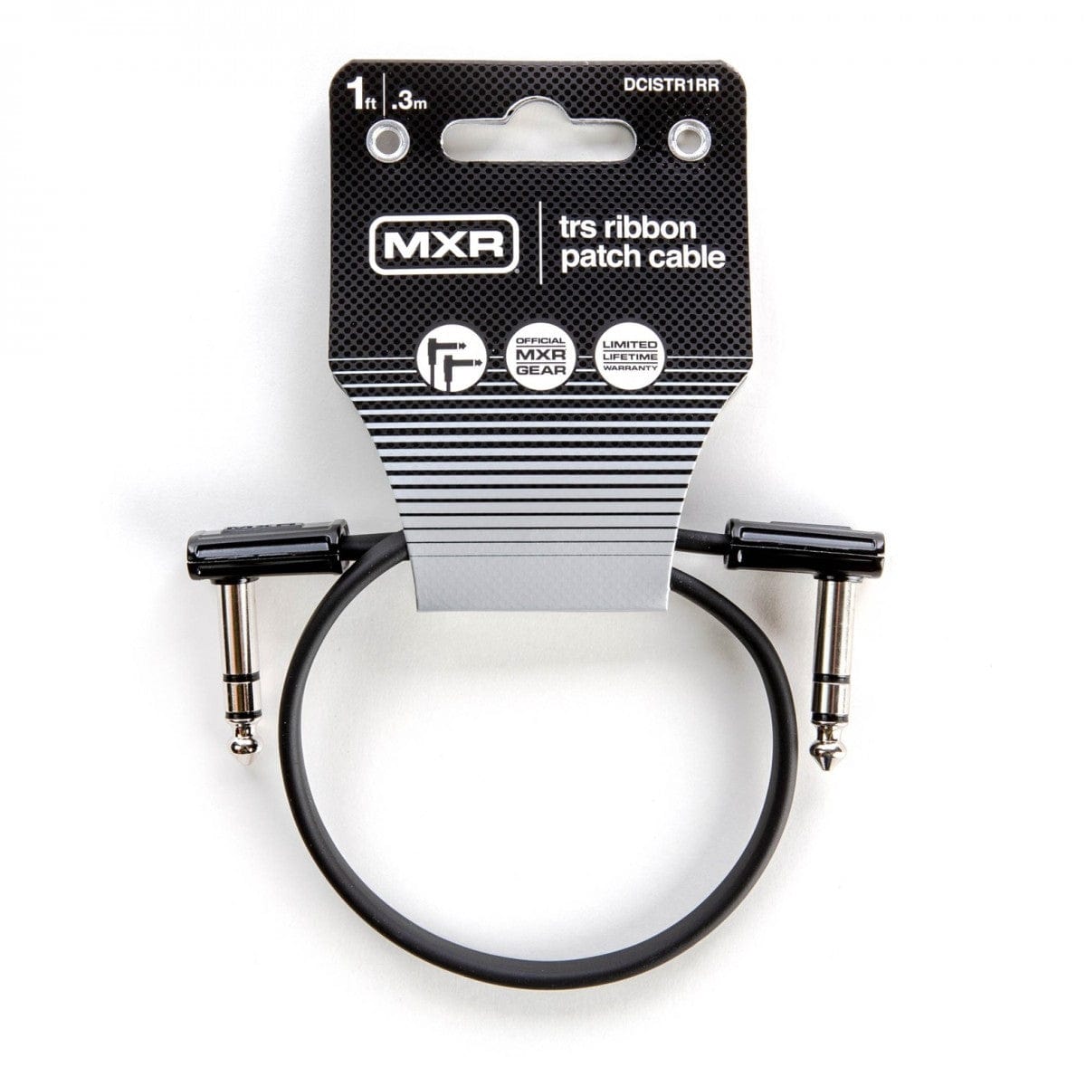 MXR 1ft TRS ribbon patch cable on its DCISTR1RR retail card: flat black lead with right-angle stereo jacks
