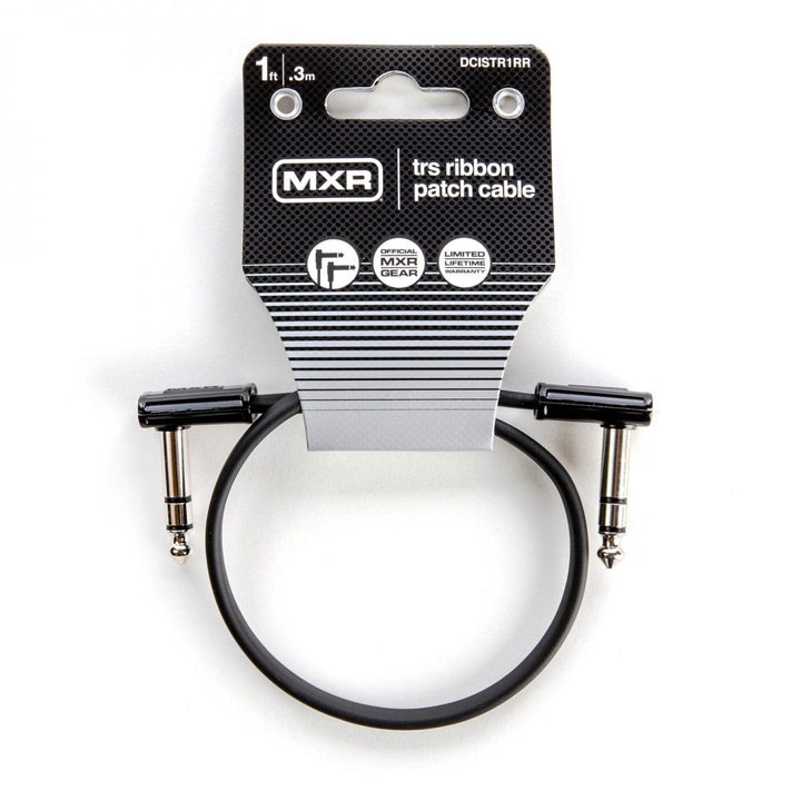 MXR 1ft TRS ribbon patch cable on its DCISTR1RR retail card: flat black lead with right-angle stereo jacks