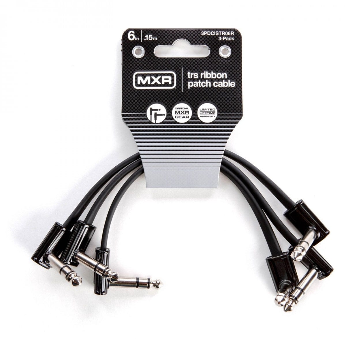 Three MXR 6in TRS ribbon patch cables on the 3PDCISTR06R 3-pack card, with right-angle stereo jacks